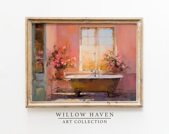 Impresión de arte de baño rosa vintage / arte de pared estético de baño rosa imprimible / pintura al óleo de bañera / decoración de baño rosa, arte de pared de baño