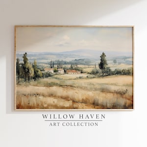 French Countryside Oil Painting | Printable Vintage Landscape Art | Farmhouse Wall Art | Rustic Country Home Decor | Neutral and Warm Tones