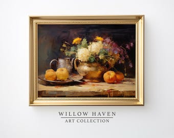 Rustic Pumpkins and Brass Vase Still Life  – Autumn Floral Art Print