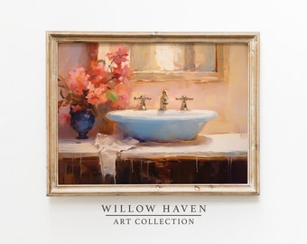 Impresión de baño vintage - Fregadero clásico y flores / Pintura al óleo de baño IMPRIMIBLE / Arte de pared de baño rosa / Estampado floral rosa, Impresión de fregadero