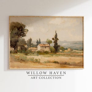Vintage Country Farmhouse Oil Painting Art Print| Vintage Landscape Printable Art | Neutral Tone Rustic Countryside Wall Art