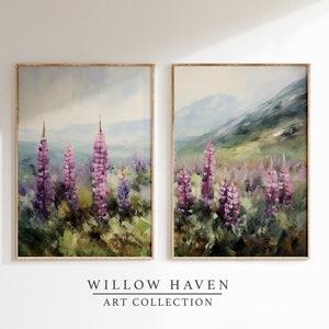 Vintage Wildflower Painting (Set of 2 Prints) | Wildflower Landscape Printable Art | Purple Lupine Flower Scenery Prints | Flower Print Set