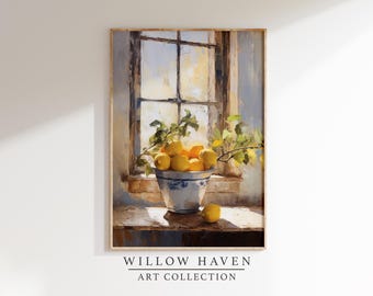 Vintage Lemons in a Bowl Print | Rustic Country Kitchen Print | Yellow Art Print | Farmhouse Kitchen Print | Fruit Bowl Print