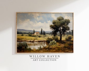 Vintage Landschaftsdruck, DRUCKBARE Landschaft Cottage Wandkunst, rustikale Landschaftswandkunst für Bauernhausdekor, Landdruckölgemälde