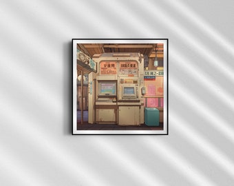 Op de afbeelding: Kunstafdruk met een retro-stijl illustratie van een vintage arcade- of automaat. Het kunstwerk heeft een gedempt kleurenpalet met Japanse tekst en twee computerschermen. De print is ingelijst in een zwart frame.