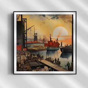 1940s American Shipyard WPA Jonas Lie Style Print | Dockyard NYC Works Progress Administration Historical Illustration Poster | Wall Art