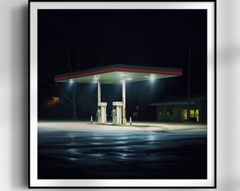 Rainy Late Night Gas Station | 1950 1960 1970 1980 1990 Gas Station Snowy Gas Station | Vintage Americana Poster | Wall Art | Edward Hopper