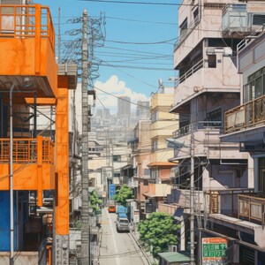 Op de afbeelding: Een smalle straat in een Japanse stad met hoge gebouwen aan beide kanten. De gebouwen zijn voornamelijk van beton en hebben balkons. Er lopen bovenleidingen overheen. De straat is leeg behalve voor een paar auto's.
