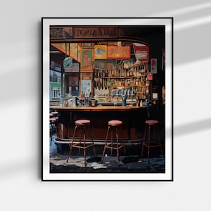 May include: A painting of a bar interior with a wooden bar counter, three red bar stools, and a wall lined with shelves of liquor bottles. The bar is lit by overhead lights and has a sign that reads "Tokai's Den".