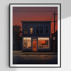 1950s American Cafe at Dusk Oil Painting Print Americana Storefront Liminal Space Nostalgia Poster Gift for American History Fan Wall Decor