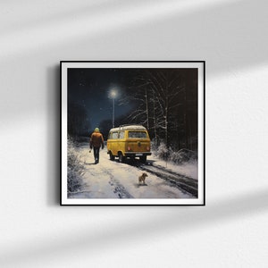 Van Life con estampado de perro / Cartel de Volkswagen Van Terrier amarillo nocturno de invierno británico / Pintura al óleo estilo Bill Jacklin / Winter Van Life