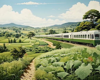 Japanese Train in the Countryside | Modern Commuter Train Scene | Asian Countryside | Japanese Train Illustration | Wall Art | Ryo Takemasa