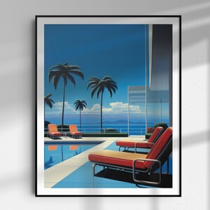 Hiroshi Nagai Style City Pop Poster, Orange Sun Loungers in Miami Sunshine Print, Poolside Recliners Beachside Mansion Wall Art Aesthetic