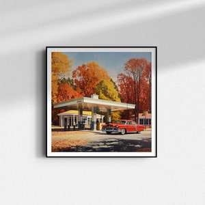 1950er Jahre Shell Tankstelle im Herbst Print | Rotes 1953 Cadillac Series 62 Poster | 1950s Herbst Wandbild Tankstelle