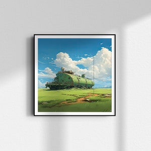 Crashed Anime Ship in Field Studio Ghibli Style Poster | Lush Grassland Cloudy Sky Valley of the Wind Print | Nausicaa Style Wall Decor