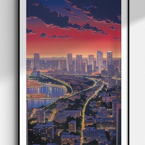 May include: A digital painting of a city skyline at sunset. The sky is a vibrant red and orange, with dark clouds. The city is lit up with lights, and there is a river winding through the city.