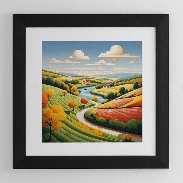 Rolling Farmland Hills Paul Corfield Style Print | Rural Americana Illustration Poster | Bright Fall Autumn Scenery Fine Art | Farm Valley