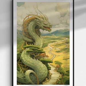 May include: A watercolour painting depicts a green dragon with a long, winding neck and a large head. The dragon is curled around a small village in a valley, with a river winding through the landscape. The sky is cloudy and the mountains in the distance are green.