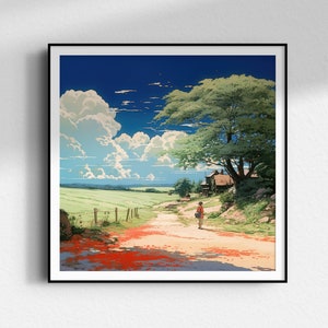 Studio Ghibli Woman Walking Down Dirt Road Wall Art | Rural Countryside Cherry Blossom Sakura Print Japanese Sweeping Landscape Vista Poster