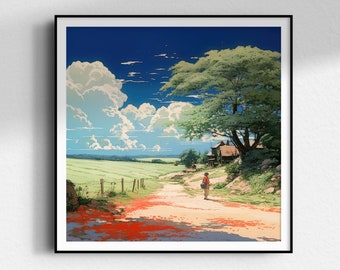 Studio Ghibli Woman Walking Down Dirt Road Wall Art | Rural Countryside Cherry Blossom Sakura Print Japanese Sweeping Landscape Vista Poster