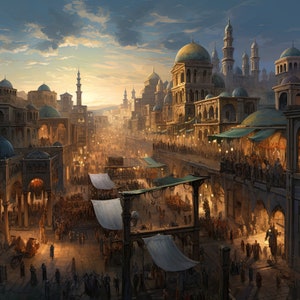 Ancient Bazaar Marketplace Poster | Middle Eastern African European Trading Post Wall Art | | Silk Road Home Decor | Thomas Cole