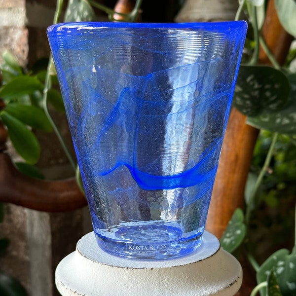 Blown glass asymmetrical tumbler with blue swirls by Ulrica Hydman Vallien for Kosta Boda Vintage glass with tag still attached
