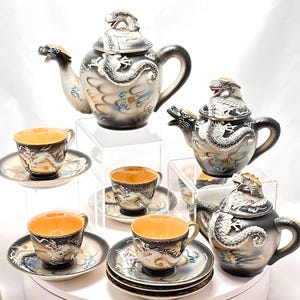 Vintage Moriage Dragonware tea set, 1950s Japanese Gray dragon teapot, cups, and saucers lot