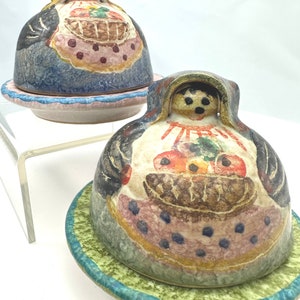 A set of 2 vintage Farm Women incense burners/ ceramic bowls with covers, hand painted made in Italy