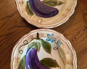 A vintage set of 2 rimmed soup or pasta bowls in the VERDURA pattern by Tabletops Unlimited, eggplant motif, handpainted, 9” in diameter