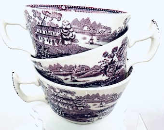 Vintage purple transferware teacups Clarice Cliff Tonquin plum, set of 9