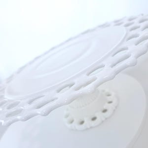 A vintage lace edge white milk glass pedestal cake stand Westmoreland “Doric” 11.75 inches wide, 4.25 inches tall