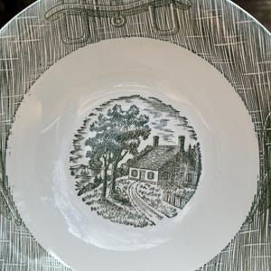 May include: White ceramic bowl with a green and white design. The bowl features a central black and white illustration of a house and tree, surrounded by a textured pattern and a border with a rope design.