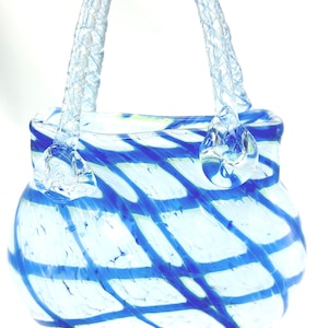 A Vintage blown glass handbag in cobalt and white