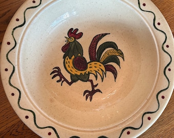 A vintage 10 inch serving bowl in the PoppyTrail pattern by Metlox, made in California, rooster motif farmhouse bowl