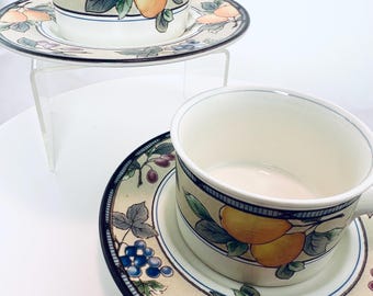 A vintage set of 2 flat cups & saucers in the Garden Harvest pattern by Mikasa Intaglio