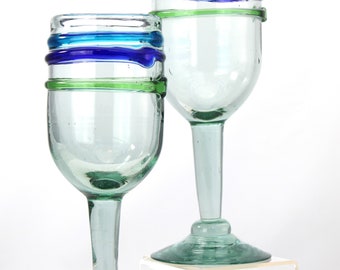 Vintage Blown Glass Goblets: Turquoise & Green Banded Stemware, Set of 2