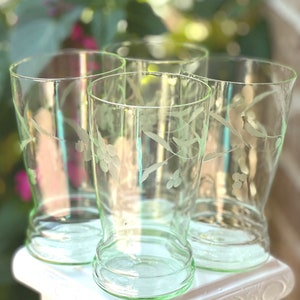 Vintage Uranium Glass Set of 4: Floral Etched Glowing Glasses