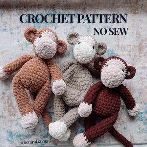 May include: Three handmade crochet monkey toys in shades of brown, tan, and grey, with white accents on their faces, hands, and feet. The text "CROCHET PATTERN NO SEW" is displayed at the top. The Etsy shop name "@neutral.knots" is at the bottom.