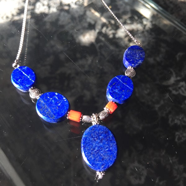 Genuine Lapis Lazuli and red coral Necklace. Gift for Mom, Gift for Her, Anniversary Gift.