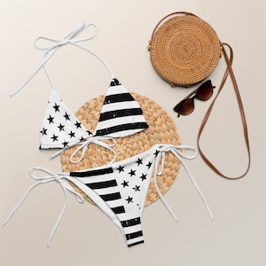 Black and White Swimsuit Patriotic American Flag Bikini 4th of July Bathing Suit 2024 Stars and Stripes string bikini