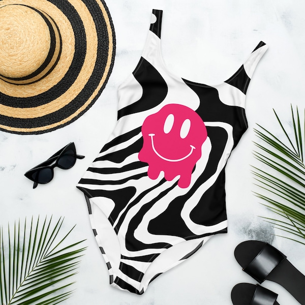 Black and White Hot Pink Smiley One-Piece Swimsuit Summer 2024 for Beach Pool Bathing Suit