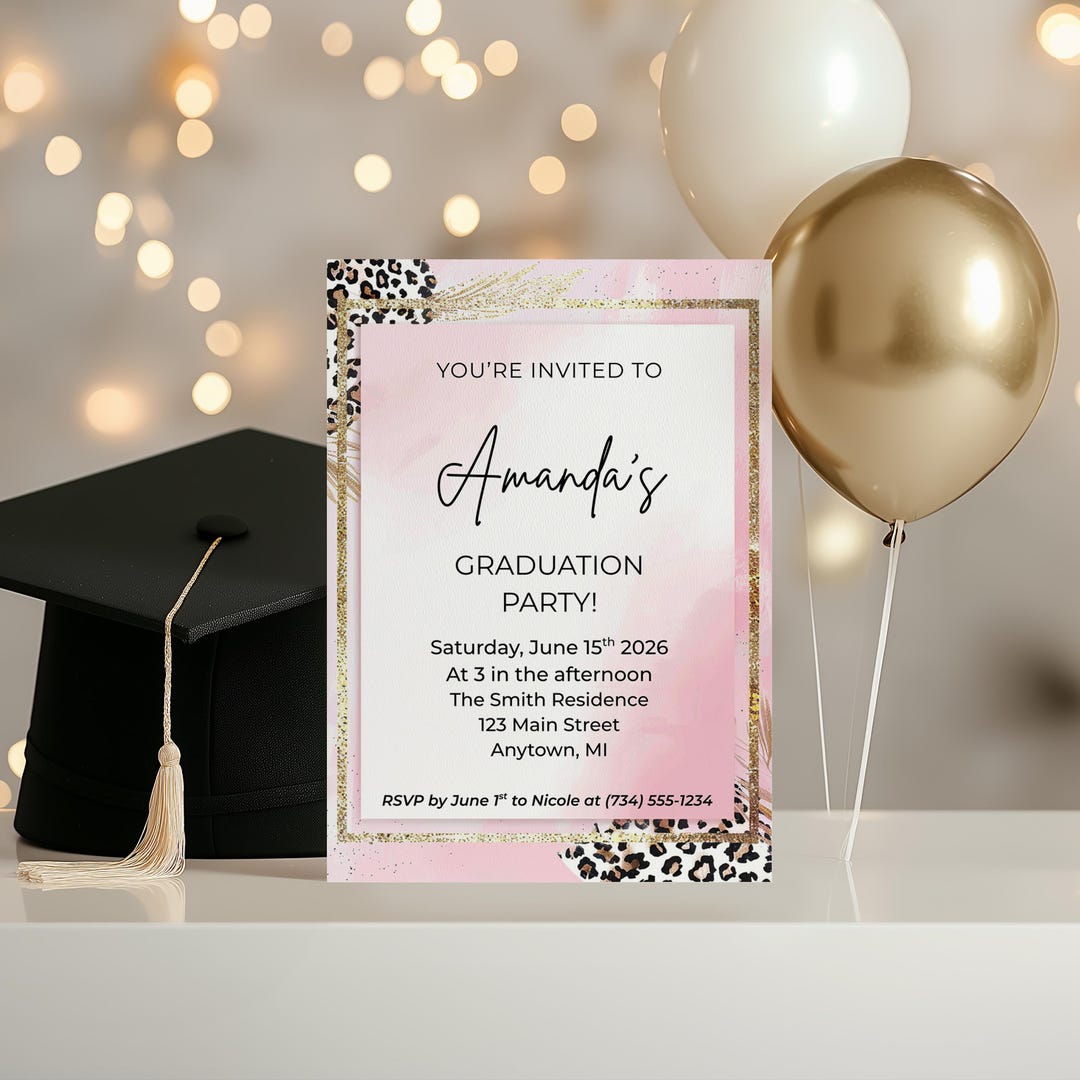 Leopard Graduation Invitations Boho Leopard Print Graduation Invitation & Thank You Card (digital ...