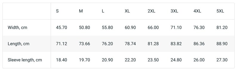 K&ouml;nnte beinhalten: Eine wei&szlig;e Tabelle zeigt Hemdma&szlig;e in Zentimetern f&uuml;r die Gr&ouml;&szlig;en S bis 5XL. Die Ma&szlig;e umfassen Breite, L&auml;nge und &Auml;rmell&auml;nge. Die Breite reicht von 45,70 cm bis 81,20 cm. Die L&auml;nge reicht von 71,12 cm bis 88,90 cm.