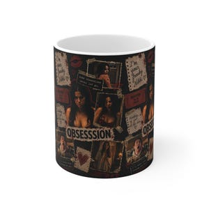 May include: A black ceramic mug featuring a collage of photographic prints, red lipstick kiss marks, and handwritten-style notes. The text includes 'I'm your freaky Nikki', 'some obsessions never let go', 'thinking of you', and the word 'OBSESSSION'.