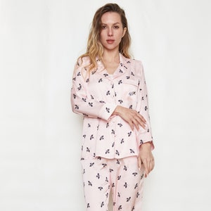 The Honeyfeinated Pajama Set, Pink Silk Honeybee PJs, Soft and Cute Holiday Night Wear, Soft Loungewear, Gift for Her, Bridal Party Gift