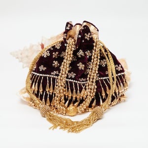 Princess Pure Velvet Potli Bag, Handmade Beaded Sequin Purse, Embellished Wedding Handbag, Indian Designer Bridal Vintage Potli, Silk Lining