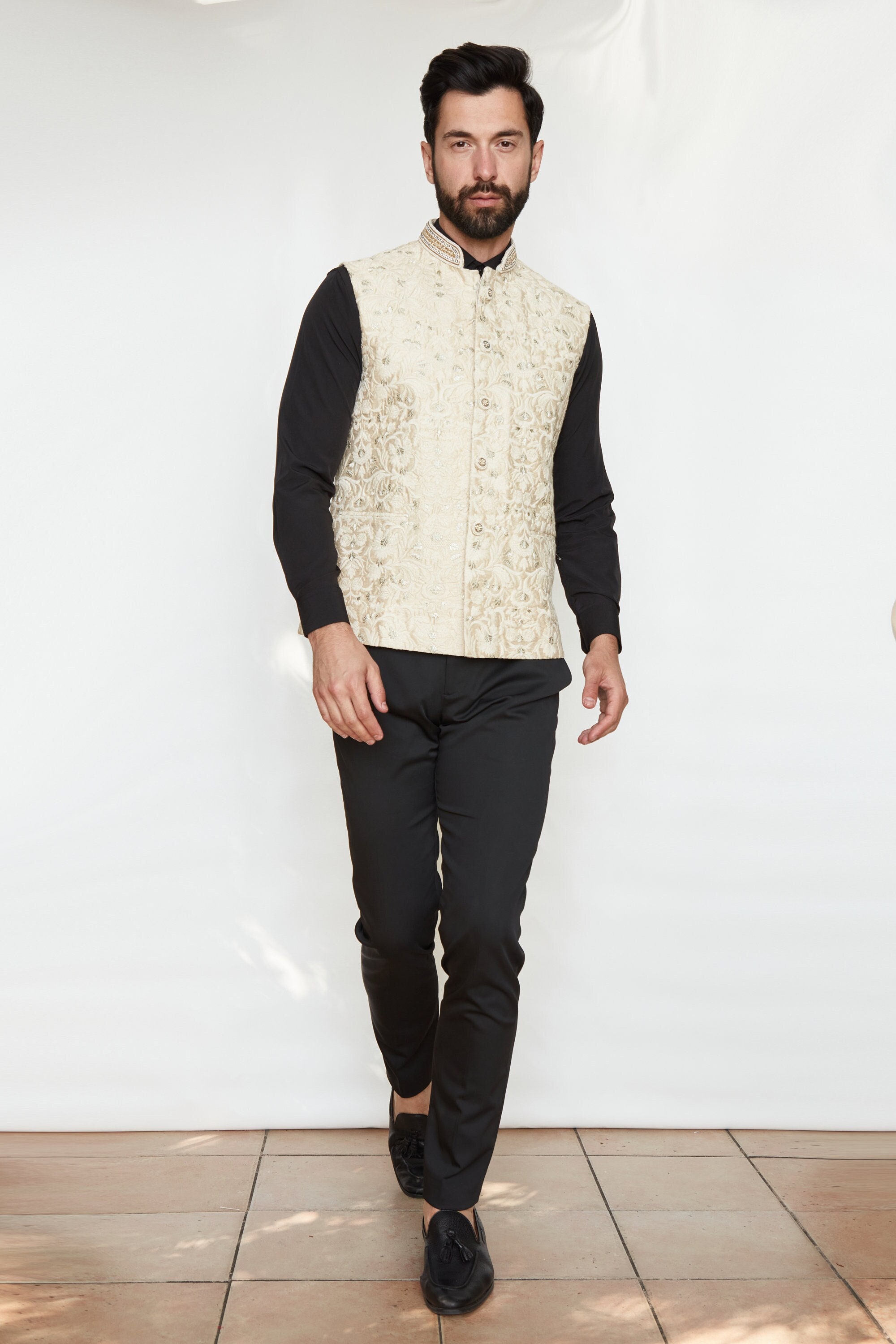 Black Applique Embroidered Nehru Jacket Set