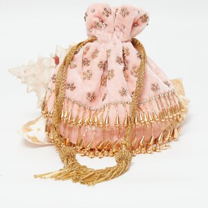 Honeyfeinated Velvet Beaded Rhinestone Potli Bag Peach