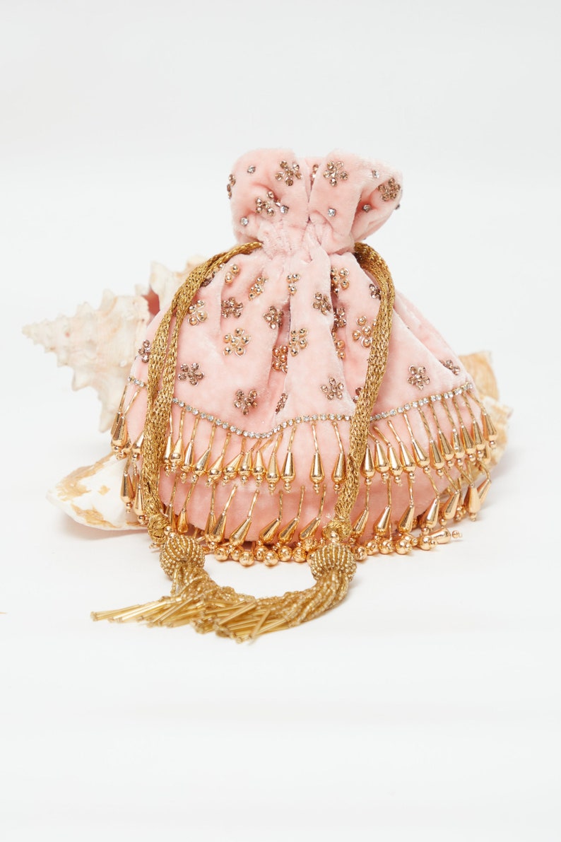 Honeyfeinated Velvet Beaded Rhinestone Potli Bag Peach