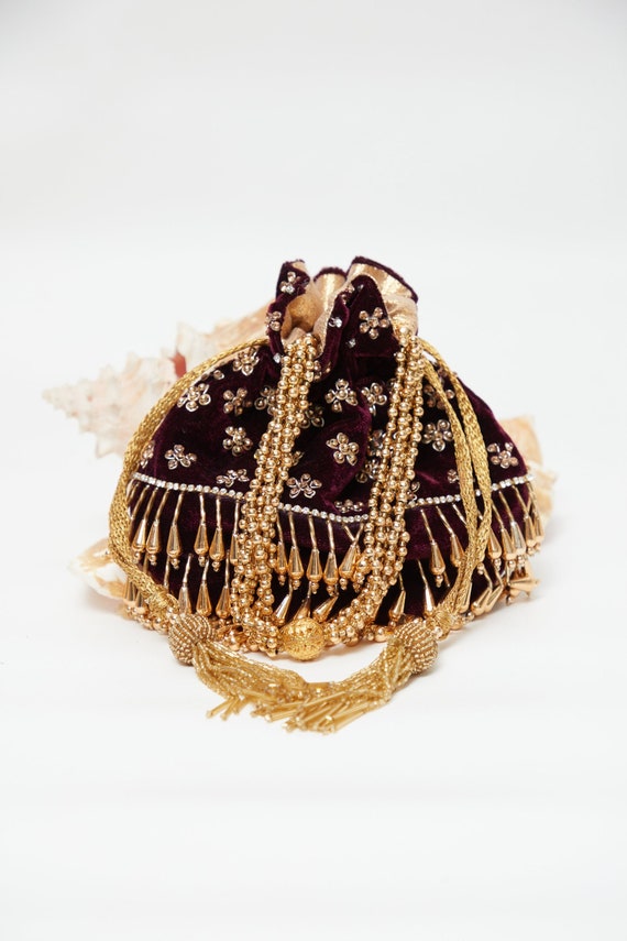 Princess Pure Velvet Potli Bag, Handmade Beaded Sequin Purse, Embellished Wedding Handbag, Indian Designer Bridal Vintage Potli, Silk Lining